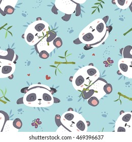 vector cartoon style cute panda seamless pattern