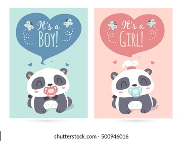 Vector Cartoon Style Cute Panda It's A Boy And Girl Illustration Set