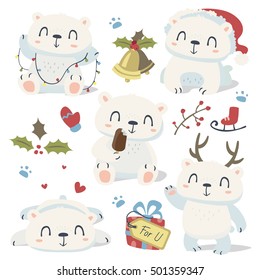 vector cartoon style cute polar bear set