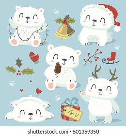 vector cartoon style cute polar bear set