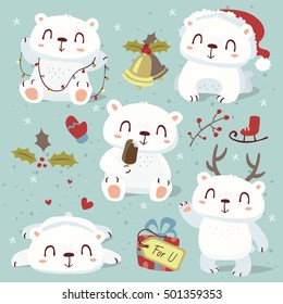 vector cartoon style cute polar bear set