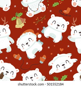vector cartoon style cute polar bear seamless pattern