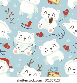 vector cartoon style cute polar bear seamless pattern