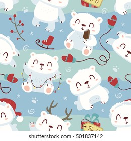 Vector Cartoon Style Cute Polar Bear Seamless Pattern