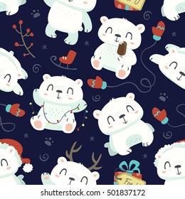 vector cartoon style cute polar bear seamless pattern