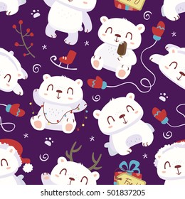 vector cartoon style cute polar bear seamless pattern