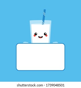 Vector cartoon style cute smiling glass of milk character holding blank, empty card in hands. 