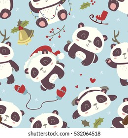 vector cartoon style cute winter panda seamless pattern
