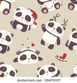 vector cartoon style cute winter panda seamless pattern