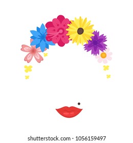 Vector cartoon style cute woman face element or carnival mask. Decoration item for your selfie photo and video chat filter. Floral wreath and lips. Isolated on white background.