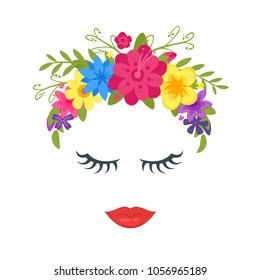 Vector cartoon style cute woman face element or carnival mask. Decoration item for your selfie photo and video chat filter. Floral wreath, eyelashes and lips. Isolated on white background.
