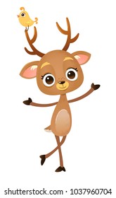 vector cartoon style deer with bird  illustration
