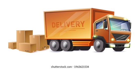 Vector cartoon style delivery track with cardboard boxes.