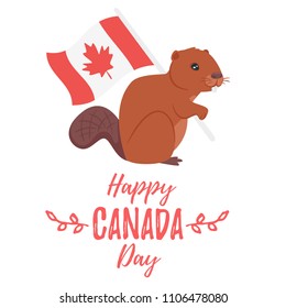 Vector cartoon style design for Canada day greeting card. White background.  Beaver holding Canada flag.