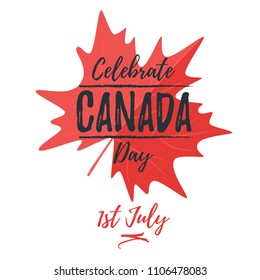 Vector cartoon style design for Canada day greeting card. Red maple leaf at the background. 