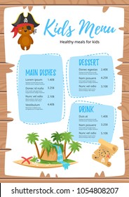 Vector Cartoon Style Design For Kids Menu With Cute Character Animal-bear In Pirate Costume, Treasure Map And Island. Children Menu Meal Template. Wooden Background.