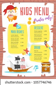 Vector cartoon style design for kids menu with cute character animal - fox in pirate costume, ship and treasure boat. Children menu meal template. Wooden background.