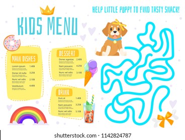 Vector Cartoon Style Design For Kids Menu With Cute Character Pet Dog. Children Menu Meal Template. Food Icons And Mini Board Game (labyrinth)  For Children.