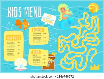 Vector cartoon style design for kids menu with cute character little mermaid with treasure chest and fishes. Children menu meal template. Underwater background. Children board game - labyrinth.