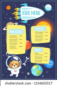 Vector cartoon style design for kids menu with cute character animal - space dog and planets of solar system. Children menu meal template. Cosmos background with stars.