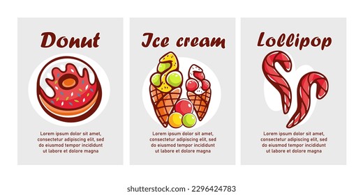 Vector cartoon style dessert cards and lettering: donut, ice cream and lollipop.