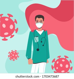 Vector in cartoon style: The doctor is a modern super hero. The doctor has  a phonendoscope, and a medical mask. Bacteria around him. Covid-19 Coronavirus Pandemic. 
Isolated on green background