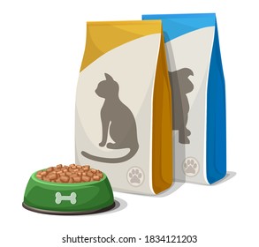 Vector cartoon style dog or cat food bowl and food packs. Isolated on white background.