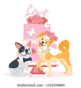 Vector cartoon style dog couple - french bulldog and Akita inu, wearing wedding symbols: bows and bridal veil. Save the date text. Big cake at the background.