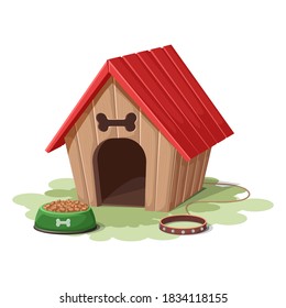 Vector cartoon style dog house with rope and red collar with grass and dog food bowl. Isolated on white background.