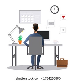 Vector cartoon style drawn illustration of man at the desk working in the office.