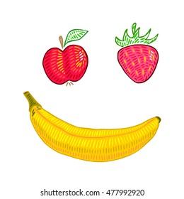 Vector cartoon style drawn illustration of funny fruits. banana smile. Design best for posters, banners, cards and fabric prints.