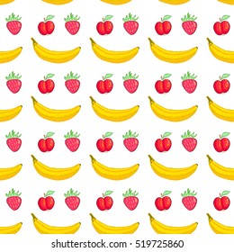 Vector cartoon style drawn seamless pattern with funny fruits. banana smile. Design best for posters, banners, cards and fabric prints.