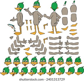 Vector cartoon style duck character for animation. Different emotions, gestures and poses. Isolated vector illustration.