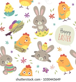 vector cartoon style Easter bunny and chicken seamless pattern on a white background