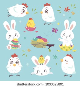 vector cartoon style Easter white bunny and chicken illustration set