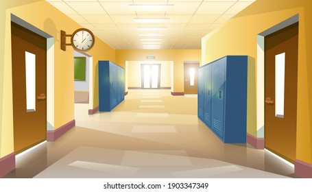 Vector Cartoon Style Empty Without Pupils School Hallway  With Doors And Clock On The Wall.