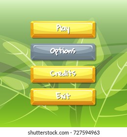 Vector cartoon style enabled and disabled buttons with text for game design on floral texture background illustration