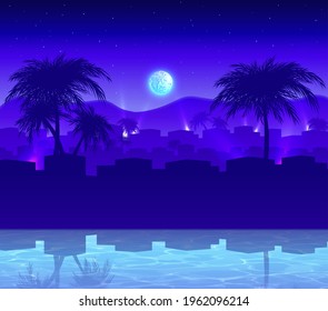 Vector cartoon style exotic night city background.