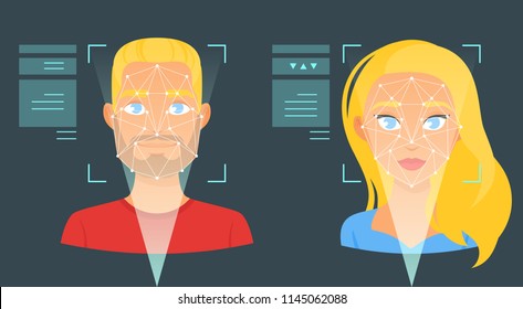 Vector cartoon style face biometric identification illustration. Concept for web and mobile secure technology, facial identification. Man and woman avatar.