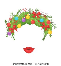 Vector cartoon style face element or carnival mask with festive fir wreath and red lips. New year and Christmas decoration item for your selfie photo and video chat filter. 