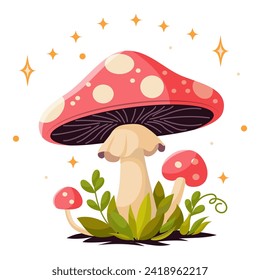 Vector cartoon style fairy magic fantasy mushrooms with grass and twigs in magic forest. Vector fungi and fantastic toadstools isolated on white background. For web, video games, design printing.