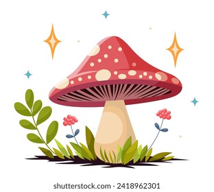 Vector cartoon style fairy magic fantasy mushrooms with grass and twigs in magic forest. Vector fungi and fantastic toadstools isolated on white background. For web, video games, design printing.