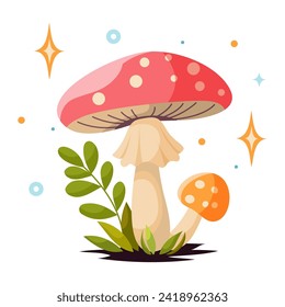 Vector cartoon style fairy magic fantasy mushrooms with grass and twigs in magic forest. Vector fungi and fantastic toadstools isolated on white background. For web, video games, design printing.