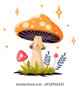 Vector cartoon style fairy magic fantasy mushrooms with grass and twigs in magic forest. Vector fungi and fantastic toadstools isolated on white background. For web, video games, design printing.