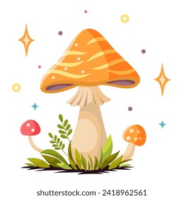 Vector cartoon style fairy magic fantasy mushrooms with grass and twigs in magic forest. Vector fungi and fantastic toadstools isolated on white background. For web, video games, design printing.