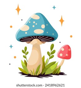 Vector cartoon style fairy magic fantasy mushrooms with grass and twigs in magic forest. Vector fungi and fantastic toadstools isolated on white background. For web, video games, design printing.