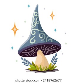 Vector cartoon style fairy magic fantasy mushrooms with grass and twigs in magic forest. Vector fungi and fantastic toadstools isolated on white background. For web, video games, design printing.