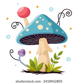 Vector cartoon style fairy magic fantasy mushrooms with grass and twigs in magic forest. Vector fungi and fantastic toadstools isolated on white background. For web, video games, design printing.