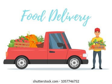 Vector cartoon style farmers fruit and vegetables red delivery car with the smiling deliverer holding fresh veggies. Isolated on white background.