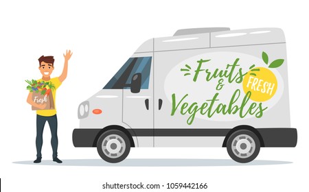 Vector cartoon style farmers fruit and vegetables delivery car with the smiling deliverer waves his hand and holding fresh veggies. Isolated on white background.